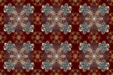 Noel, kar tanesi, yeni yıl 2025. Gri, kırmızı ve kahverengi renklerde ve altın elementlerle kusursuz klasik desen.