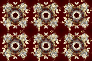 Doku arka planında altın duvar kâğıdı. Damask kusursuz yinelenen arkaplan. Barok tarzında altın çiçekli süs. Kahverengi, kırmızı ve bej renklerde altın element.