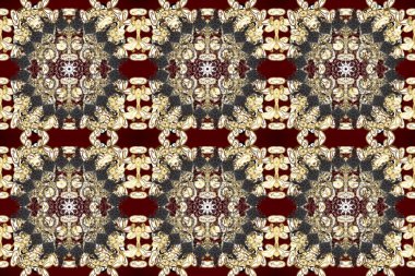 Noel, kar tanesi, yeni yıl 2025. Gri, kırmızı ve kahverengi renklerde ve altın elementlerle kusursuz klasik desen.