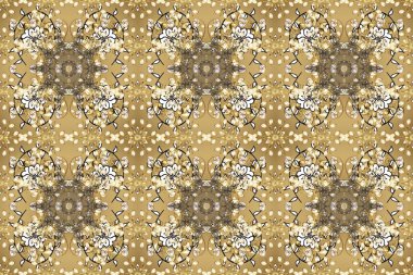 Senin tasarımın için, duvar kağıdı. Raster geometrik arka plan. Bej, nötr ve kahverengi renklerde altın çiçekli altın desenler. Altın rengi kusursuz illüstrasyon.