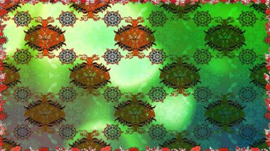 Yeşil renkli çiçekler. Raster illüstrasyonu. Asya tekstil tarzında. Raster illüstrasyonu. Kusursuz çiçek deseni.