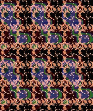 Çiçek desenli çizim. Raster illüstrasyonu. Siyah renklerde Asya tekstili.