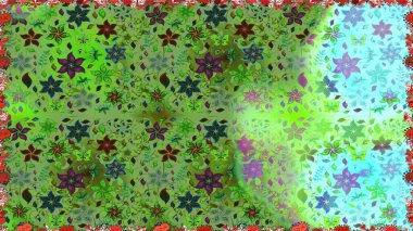 Düz Çiçek Elementleri Tasarımı. Renkli Yaz Temalı Kusursuz Arkaplan. Yeşil renkli çiçekler. Sevimli çiçek raster deseni.