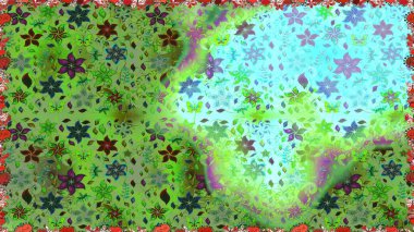 Yeşil renkli Asya tekstili. Raster illüstrasyonu. Kusursuz çiçek deseni.