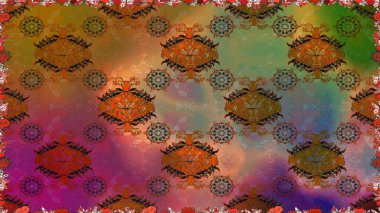 Modern çiçek arkaplanı. Moda baskıları için zarif bir şablon. Halk tarzı. Parlak renkli çiçeklerle ve kahverengi renklerde yapraklarla şaşırtıcı, pürüzsüz çiçek deseni.