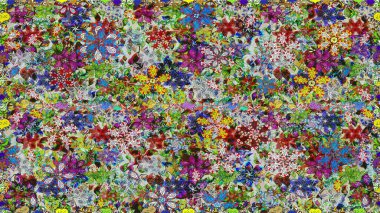 Parlak bir arka plan sorunsuz desen çiçek fantezi tasarım. Düz Çiçek Elemanları Tasarım. Renkli Bahar Teması kesintisiz desen Arka Plan.