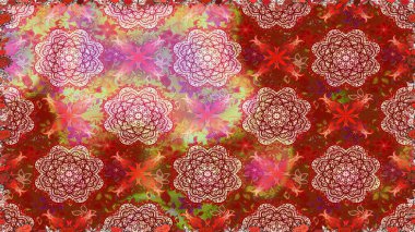 Arkaplan dokusu, duvar kağıdı, kırmızı renkli çiçek teması. Kabile sanatı boho baskısı, klasik çiçek arkaplanı. Soyut etnik raster pürüzsüz desen.