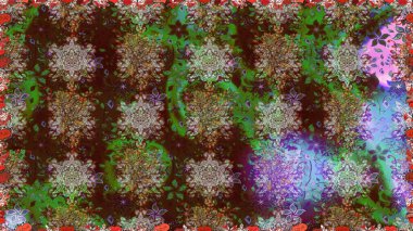 Düz Çiçek Elementleri Tasarımı. Raster Modaya uygun kumaş deseni. Renkli Bahar Temalı Kusursuz Arkaplan. Kahverengi renkli şirin çiçek deseni.