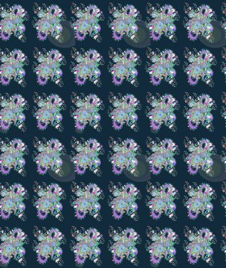 Raster Floral Illustration, Asyalı tekstil. Mavi renkli etnik çiçeklerle zarif eskiz deseni.