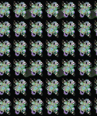 Çiçek desenli çizim. Raster illüstrasyonu. Siyah renklerde Asya tekstili.