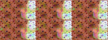 Parmak izi, kumaş, duvar kâğıdı, tekstil için raster dokusu. İşlemeli çiçekli, dikişsiz desen. Renkli grunge soyut arkaplanı colokahverengi çiçeklerle zenginleştirir.