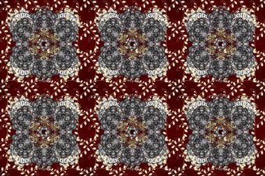 Gri, kırmızı ve kahverengi renklerde, altın elementlerle kusursuz klasik desen. Noel, kar tanesi, yeni yıl 2025.