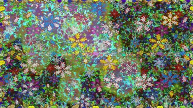 Düz Çiçek Elementleri Tasarımı. Yeşil renkli çiçekler. Renkli Yaz Temalı Kusursuz Arkaplan. Raster illüstrasyonunda trendsiz çiçek deseni.