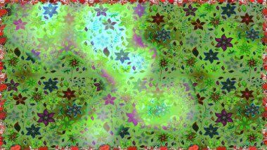 Düz Çiçek Elementleri Tasarımı. Raster illüstrasyonu. Renkli Bahar Temalı Kusursuz Arkaplan. Yeşil renkli çiçekler. Çiçekli, suluboya desenli kusursuz çiçek deseni.