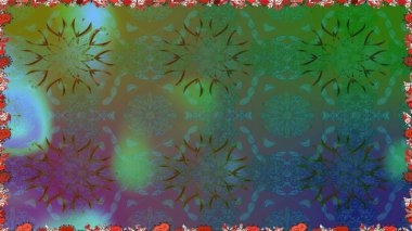 Düz Çiçek Elementleri Tasarımı. Yeşil renkli çiçekler. Renkli Bahar Temalı Kusursuz Arkaplan. Asya tekstil tarzında. Raster illüstrasyonu. Kusursuz çiçek deseni.