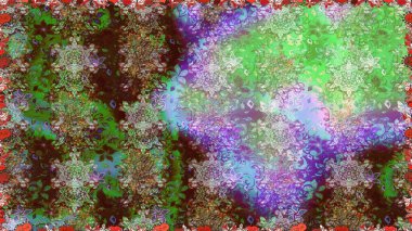 Düz Çiçek Elementleri Tasarım Raster illüstrasyonu. Çiçekli, suluboya desenli kusursuz çiçek deseni. Yeşil renkte çiçekler. Renkli Bahar Teması: Kusursuz Arkaplan.