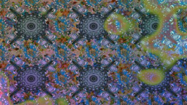 Kusursuz bir arka plan modeli. Raster - stok. Yapraklı çiçekler ve mavi renkli papatya çiçekleri..