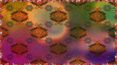 Güzel, parlak, pürüzsüz kumaş, tuval. Şablon, pürüzsüz, çiçekli kenar. Eski moda arka plan. Çiçek çelengi. Kıvırcık, parlak örgü. Raster illüstrasyonu.