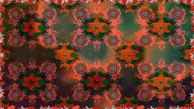 Raster illüstrasyonu. Çiçek buketleriyle klasik tarzda kusursuz desenler. Kahverengi renklerde.