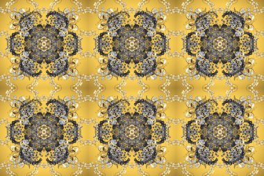 Sarı, gri ve bej renklerdeki altın desenli altın elementler. Raster oryantal süs. Kusursuz altın desen.