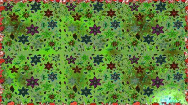 Raster illüstrasyonu. Çiçeklerle suluboya desenli çiçek deseni. Yeşil renkli Asyalı tekstil.