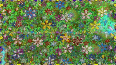 Asya tekstil tarzında. Yeşil renkli çiçekler. Renkli Bahar Temalı Kusursuz Arkaplan. Kusursuz çiçek deseni. Düz Çiçek Elementleri Tasarımı. Raster illüstrasyonu.