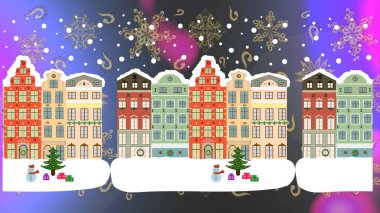 Gri, mor ve beyaz renkli bir resim. Evlerin düzensiz deseni.