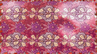 Çiçeksiz desenli, suluboya elle çizilmiş elementler. Parlak renkli fantezi çiçekleri, yapraklar, pembe renkli tomurcuklar.