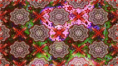 Raster illüstrasyonu. Kusursuz bir geçmişi var. Kumaş, tekstil, duvar kağıdı baskısı için. Renkli şal desenli, kahverengi çiçekli ve dekoratif elementli kusursuz desen. Antika retro tarzı.