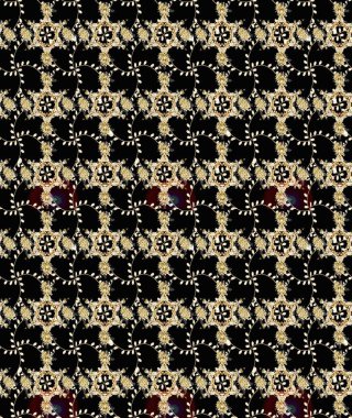 Siyah renkli bitkilerden oluşan parlak çiçekli çizim deseni.