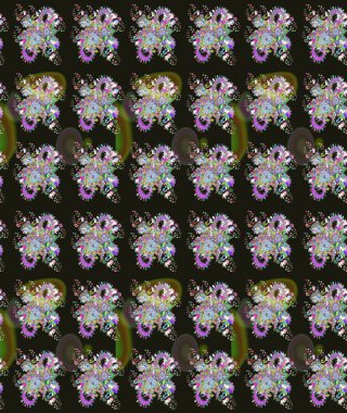 Raster illüstrasyonu. Eskiz geçmişi. Tomurcukları papatya çiçekleri olan sevimli bir çiçek deseni. Miles Fleur, süslü püslü bir süs. Kumaş, tekstil, duvar kağıdı baskısı için. Antika retro tarzı.