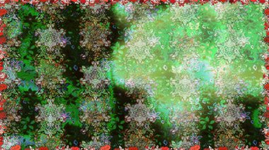 Yeşil renkte etnik çiçeklerle kusursuz bir desen. Asya Tekstil 'inde Raster Çiçek İllüstrasyonu.