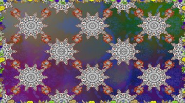 İşlemeli çiçekli, dikişsiz desen. Renkli grunge soyut arkaplanı kologri çiçeklerle süslüyor. İzler, kumaş, duvar kağıtları, tekstil için raster dokusu.