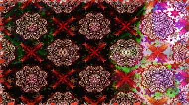 Raster Floral Illustration, Asyalı tekstil. Siyah renkli etnik çiçeklerle kusursuz bir desen..