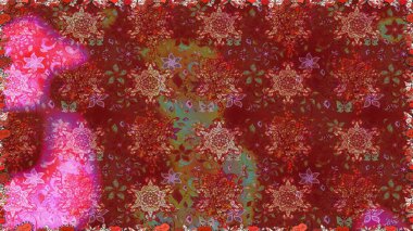 Raster illüstrasyonu. Çiçeklerle suluboya desenli çiçek deseni. Kırmızı renkte Asyalı tekstil.