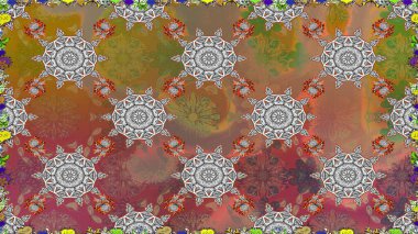 Yatak çarşafları, ceket, paket tasarımı, kumaş ve moda kavramları için tekstil baskısı. Kusursuz etnik tasarım. Çiçekleri, deniz kabukları, mandalaları ve suluboya efektleri olan deniz altyapısı.