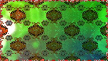 Raster Çiçek İllüstrasyonu güzel tekstil. Yeşil renkli etnik çiçeklerle kusursuz bir desen..