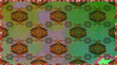 Kumaş, tekstil, duvar kağıdı baskısı için. Raster illüstrasyonu. Renkli desenli, yeşil çiçekli ve dekoratif elementli kusursuz desen. Kusursuz bir geçmişi var. Antika retro tarzı.