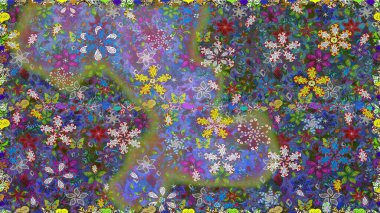 Çok mavi, zarif küçük çiçekler ve mavi renkli komik böcekler, raster desen, illüstrasyon.