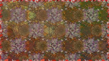 Raster illüstrasyonu. Kahverengi renkli Asya tekstili. Kusursuz çiçek deseni.