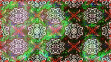 Çok yeşil zarif küçük çiçekler ve yeşil renkli komik böcekler, raster desen, illüstrasyon.