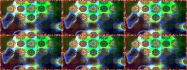 Raster Floral Illustration, Asyalı tekstil. Yeşil renkli etnik çiçeklerle kusursuz bir desen..