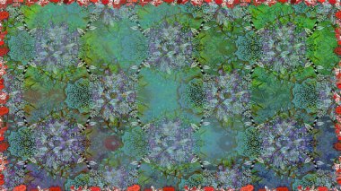 Kusursuz bir geçmişi var. Renkli desenli, yeşil çiçekli ve dekoratif elementli kusursuz desen. Eski usul. Raster illüstrasyonu. Kumaş, tekstil ve duvar kağıdı baskısı için..