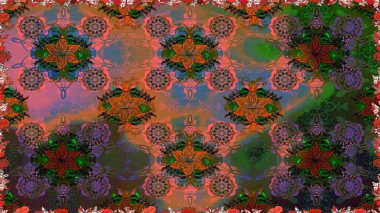 Asya tekstil tarzında. Raster illüstrasyonu. Kusursuz çiçek deseni. Raster illüstrasyonu. Kahverengi renkte çiçekler.