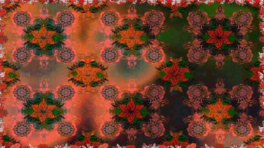 El çizimi. Raster illüstrasyonu. Güzel kumaş deseni. Çiçekler, dallar, otlar ve çiçekler.