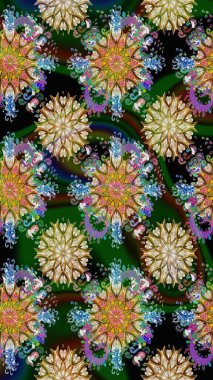 Renkli Yaz Temalı Kusursuz Arkaplan. Raster Illustrasyon 'da moda olmayan çiçek deseni. Düz Çiçek Elementleri Tasarımı. Yeşil renkte çiçekler.