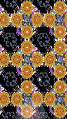 Ağaç dallı bahar çiçekleriyle desen, çiçek siluetiyle siyah renkler. Raster deseni.