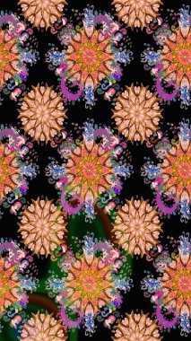 Parlak renkli fantezi çiçekleri, yapraklar, siyah renkli tomurcuklar. Çiçeksiz desenli, suluboya elle çizilmiş elementler..