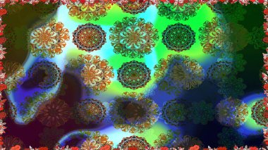 Raster Floral Illustration, Asyalı tekstil. Yeşil renkli etnik çiçeklerle kusursuz bir desen..