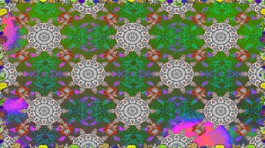 Modern çiçek arkaplanı. Moda baskıları için zarif bir şablon. Halk tarzı. Parlak renkli çiçekleri ve yeşil yaprakları olan, kusursuz çiçek desenleri..